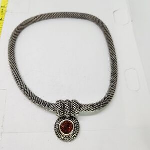 Vintage Cabot Silver Tone Mesh Chain Faux Topaz Pendant Necklace Snap Clasp 16"